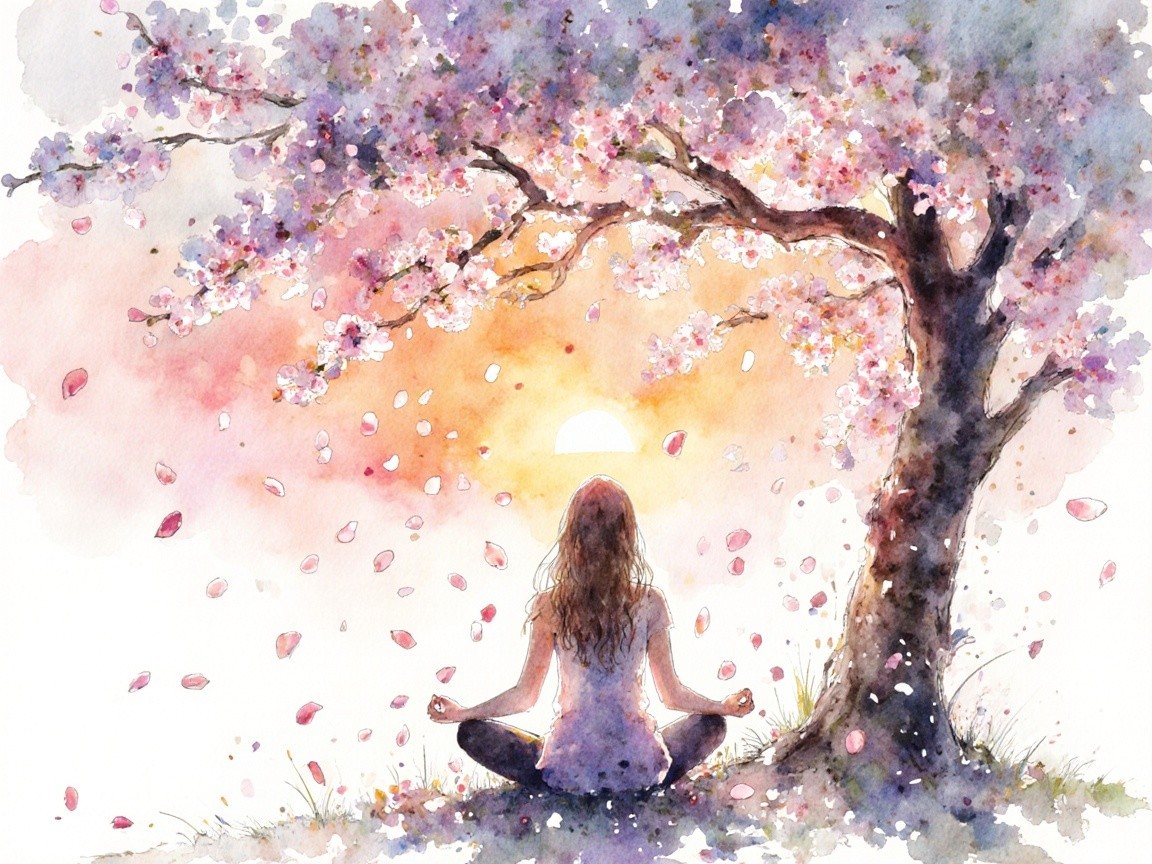 Watercolor Scene of Woman Meditating Under Cherry Blossoms