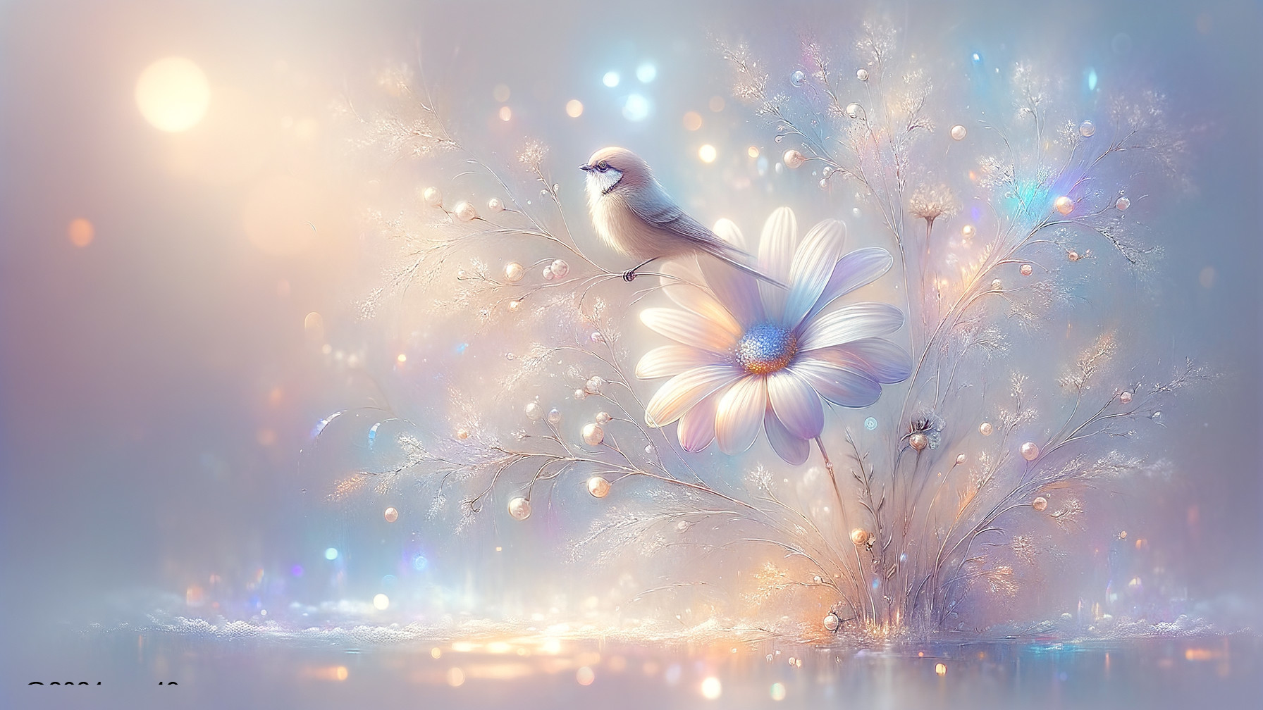 Ethereal Bird on Luminous Daisy in Dreamlike Setting
