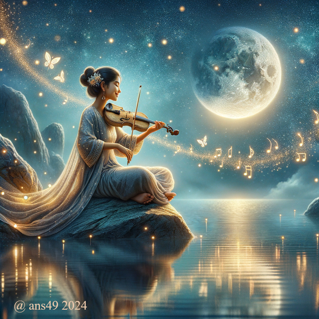 Woman Playing Violin by Moonlit Water with Butterflies