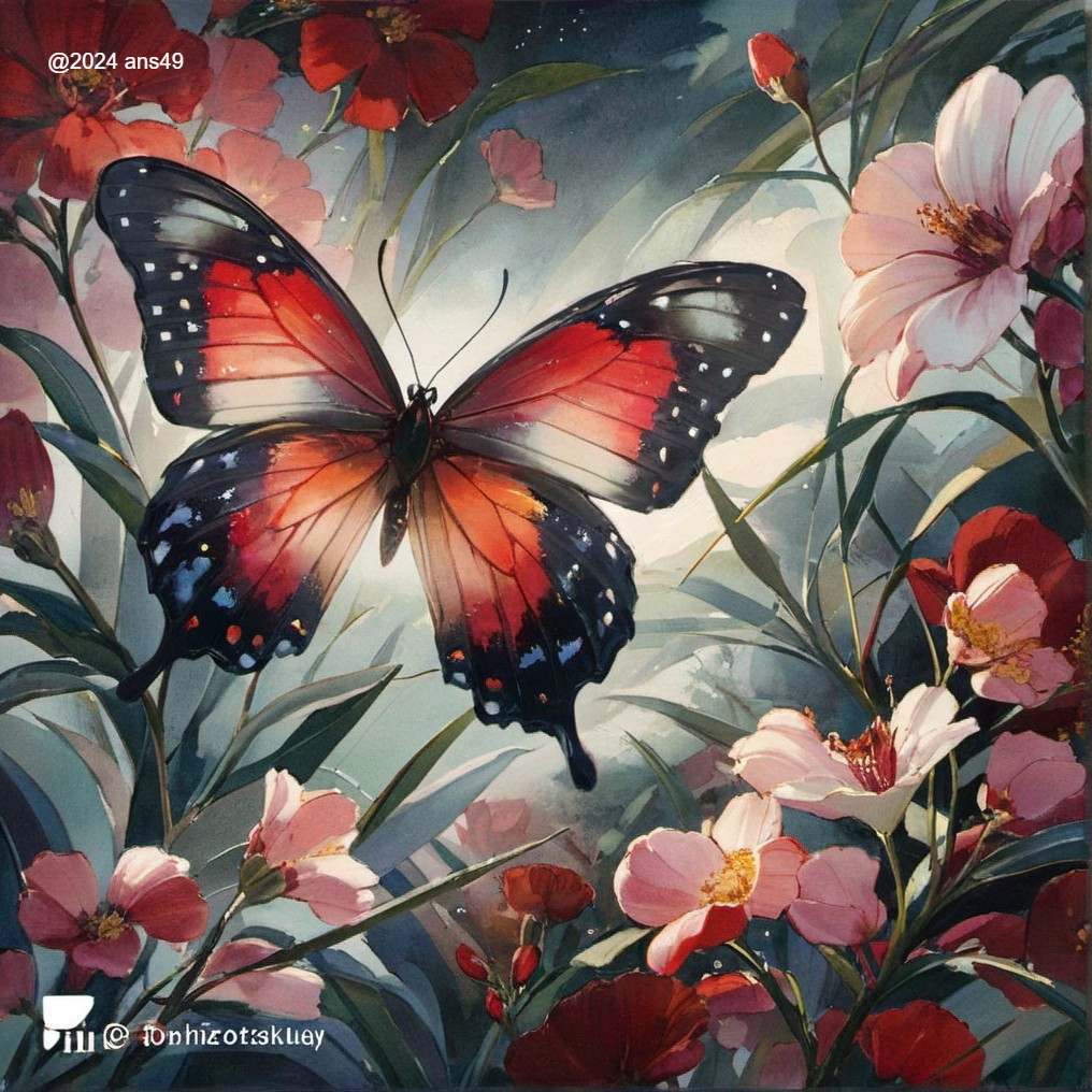 Vibrant Butterfly Among Pink Flowers in Greenery