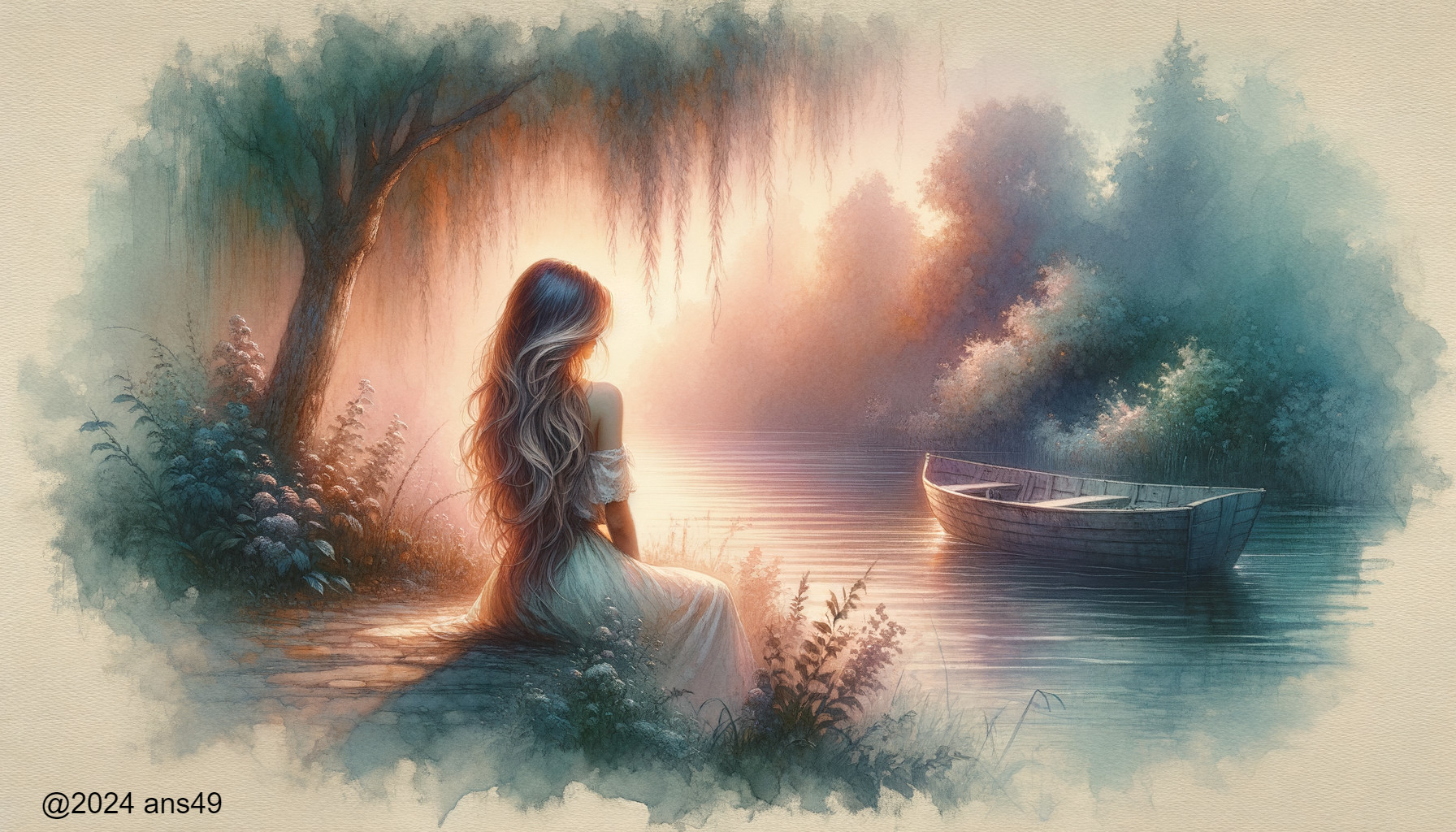Young Woman by Tranquil River at Dawn