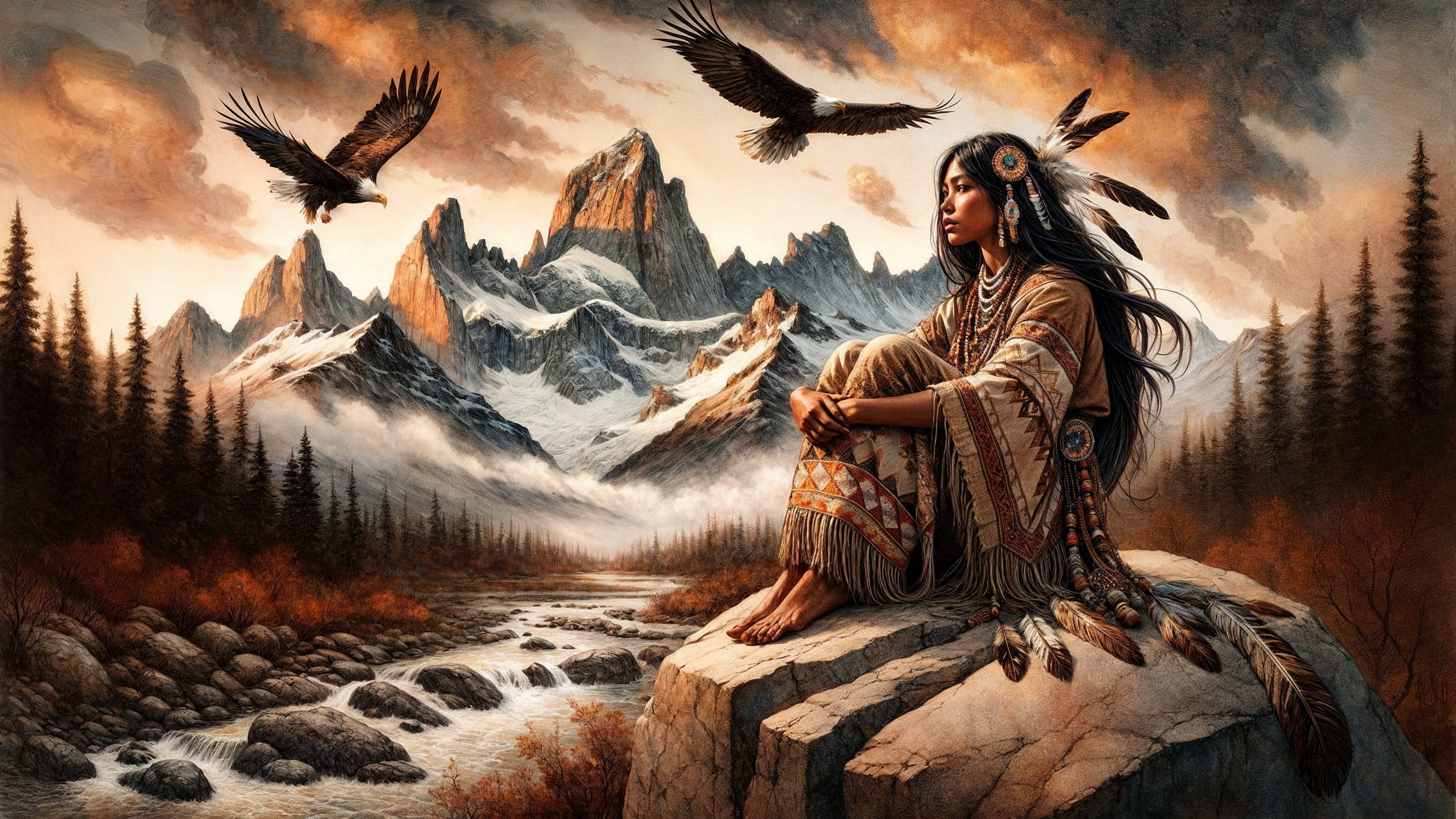 Native American Woman in Traditional Attire Amid Nature