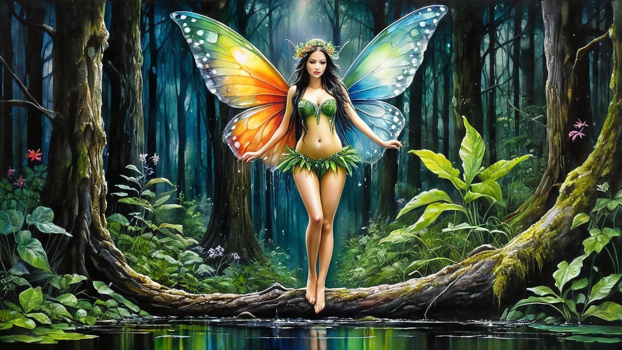 Mystical Fairy with Rainbow Wings Over Forest Pond
