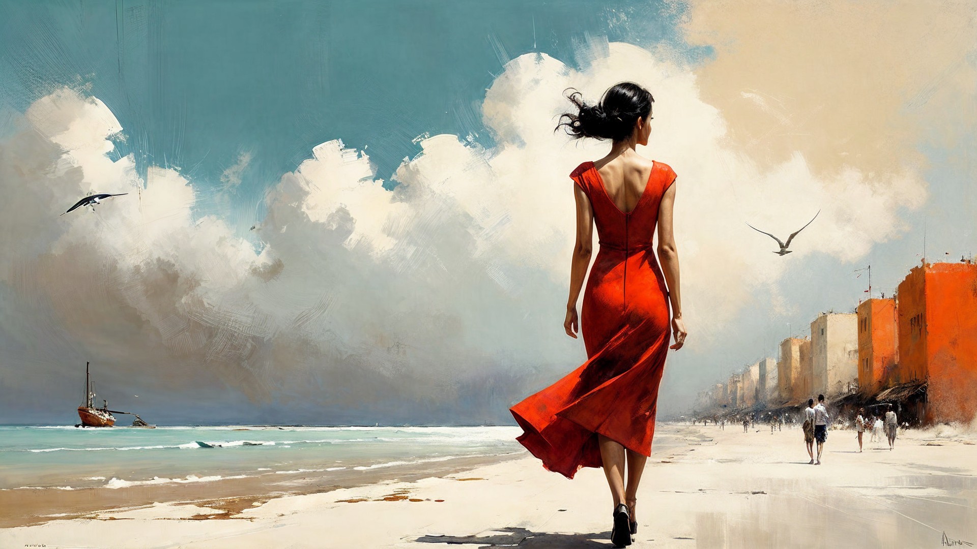 Woman in Red Dress on Serene Beach Scene