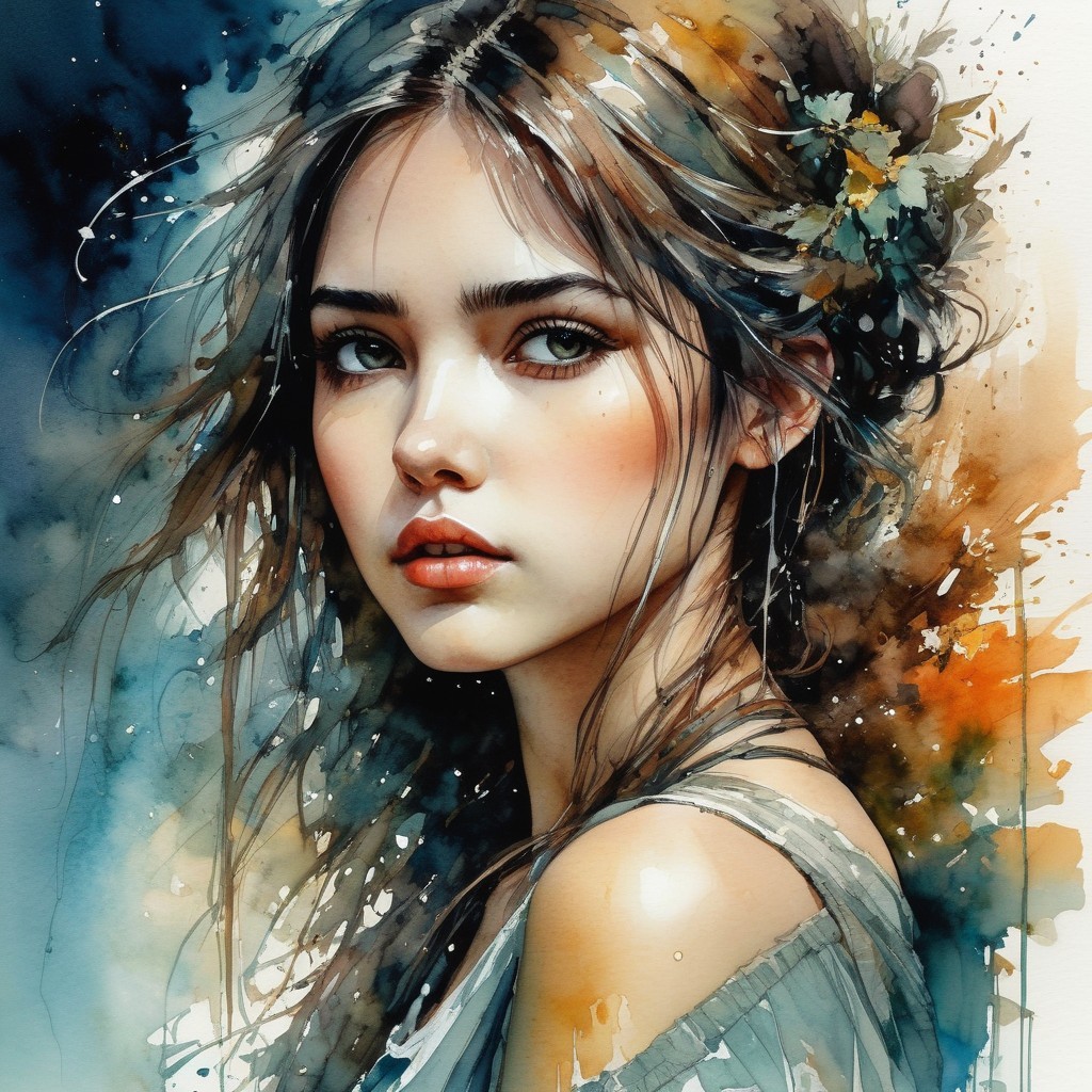 Portrait of a Young Woman with Flowing Hair and Flowers