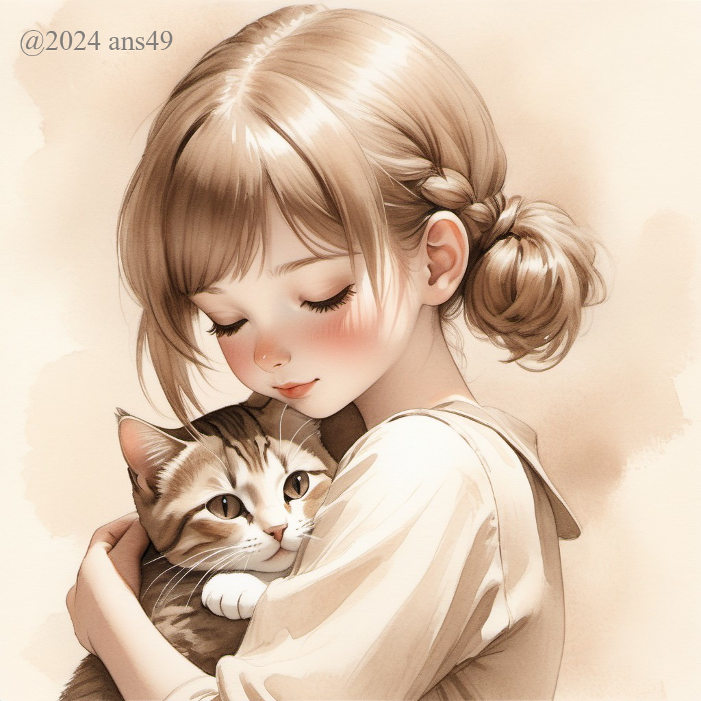 Tender Illustration of Girl Cradling a Fluffy Cat