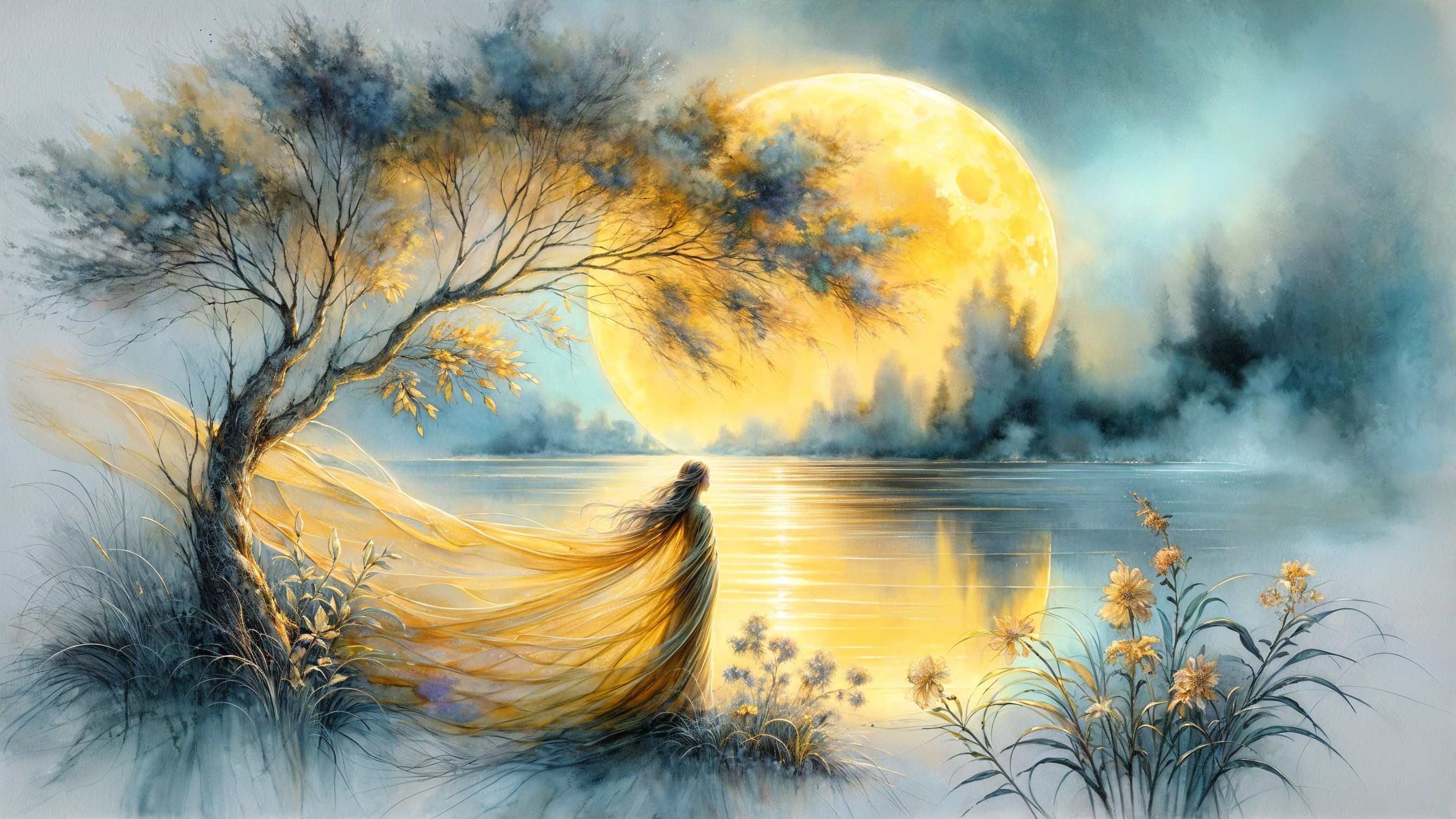 Serene landscape with tranquil lake and golden moon