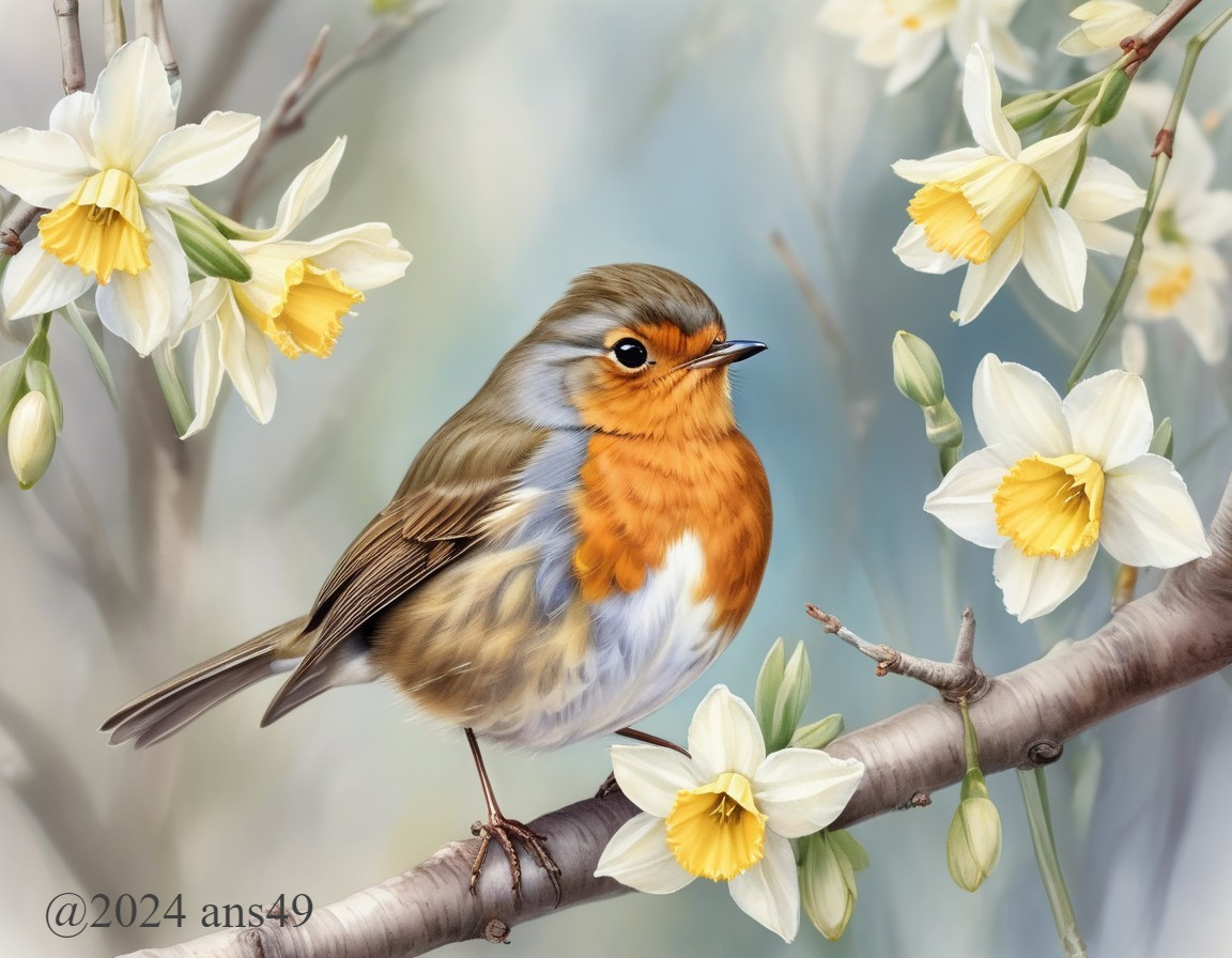 Plump robin with orange breast among daffodils