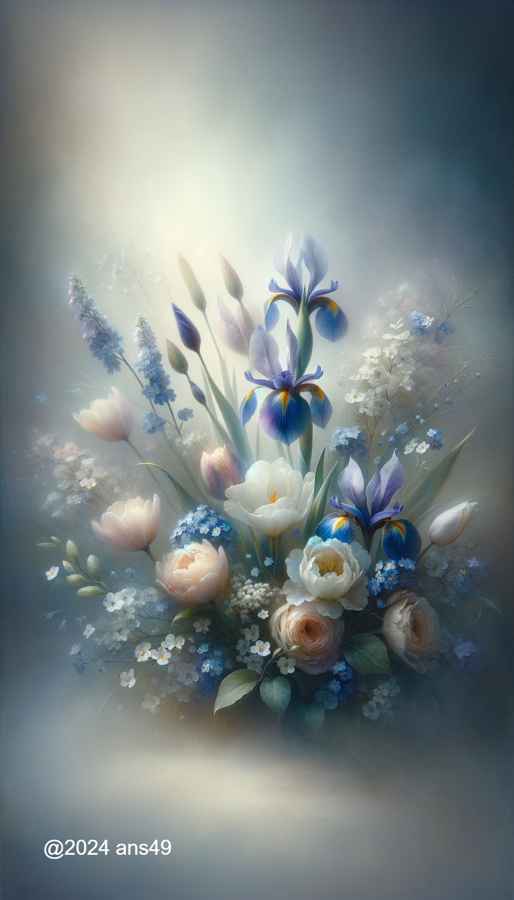 Delicate Floral Composition with Vibrant Blue Irises