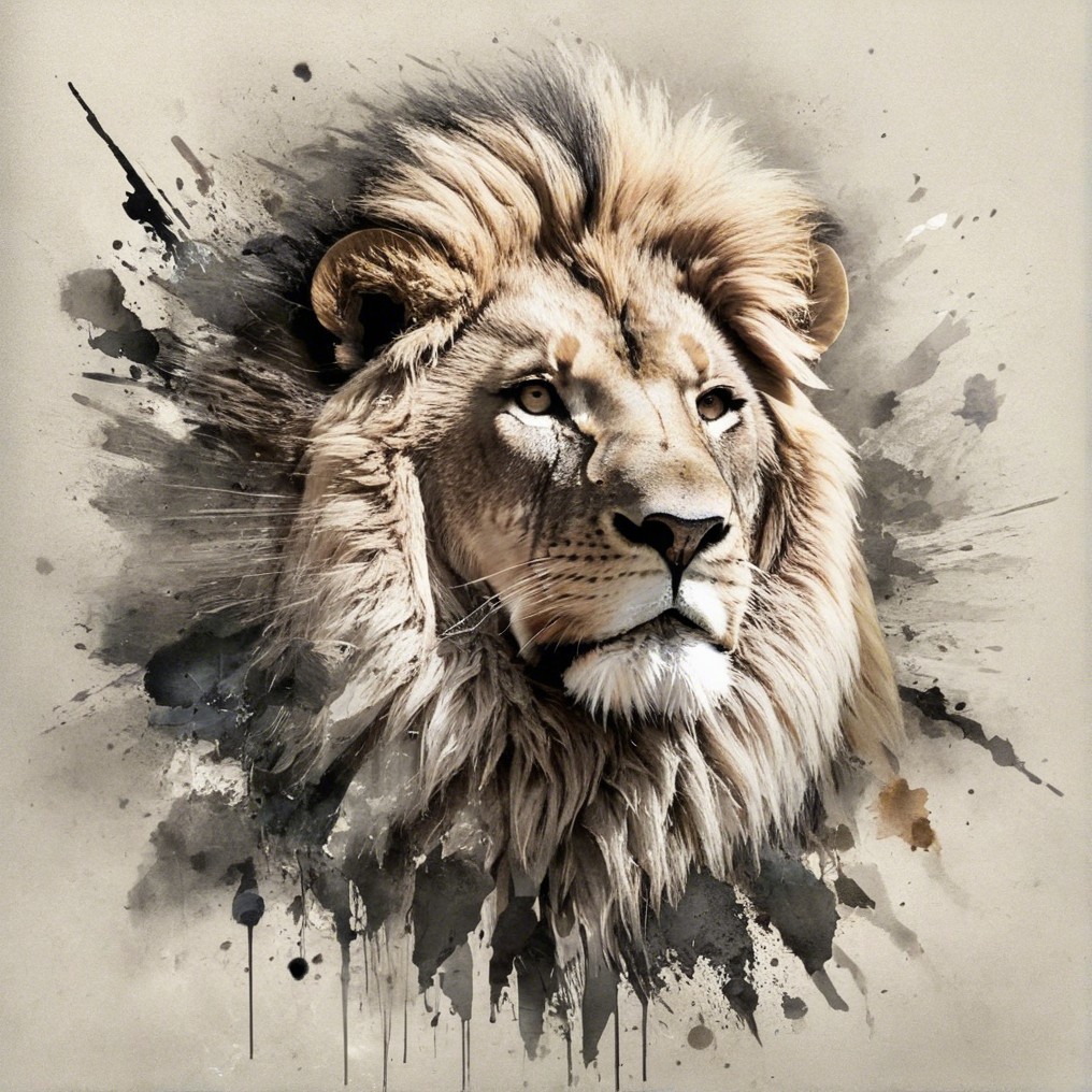 Watercolor depiction of a lion's head with splashes