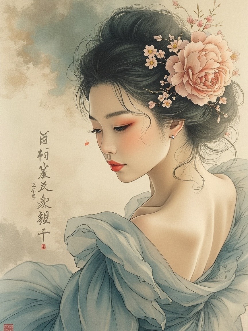 Graceful Woman in Pale Blue Dress with Pink Peony