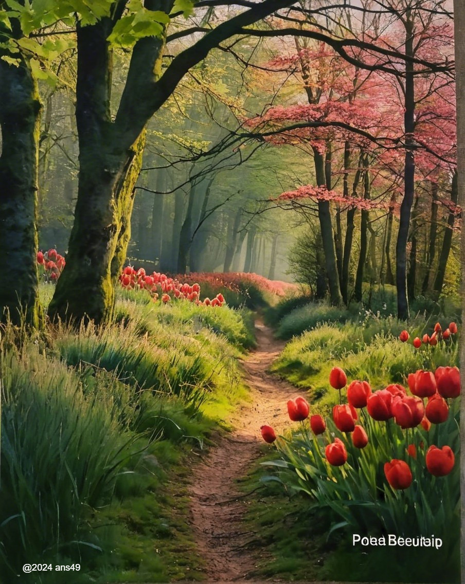 Serene Forest Pathway with Vibrant Red Tulips