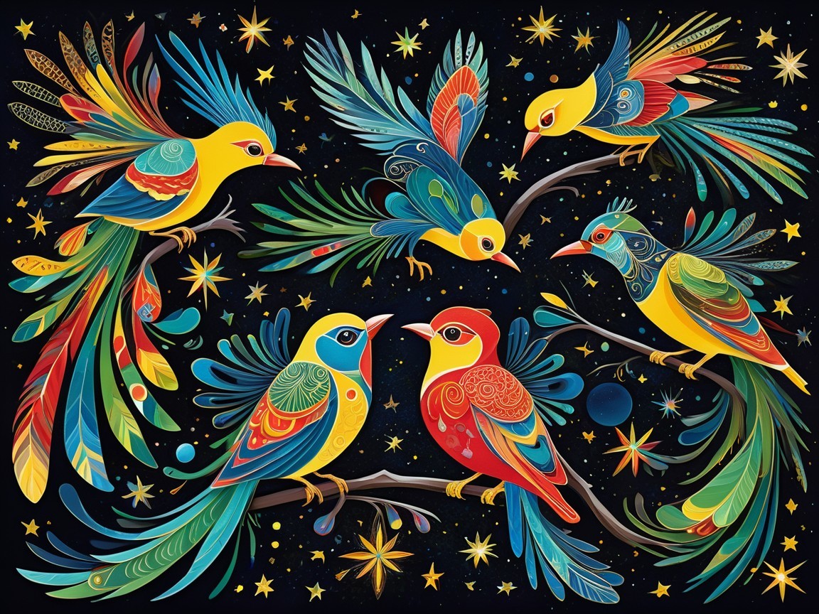 Colorful Birds on Branches Under a Starry Night Sky
