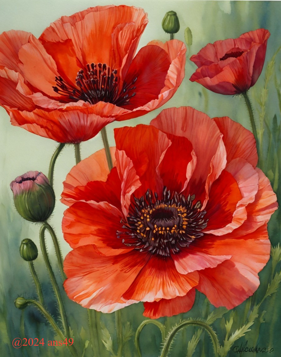 Vibrant Watercolor Painting of Red Poppies in Bloom