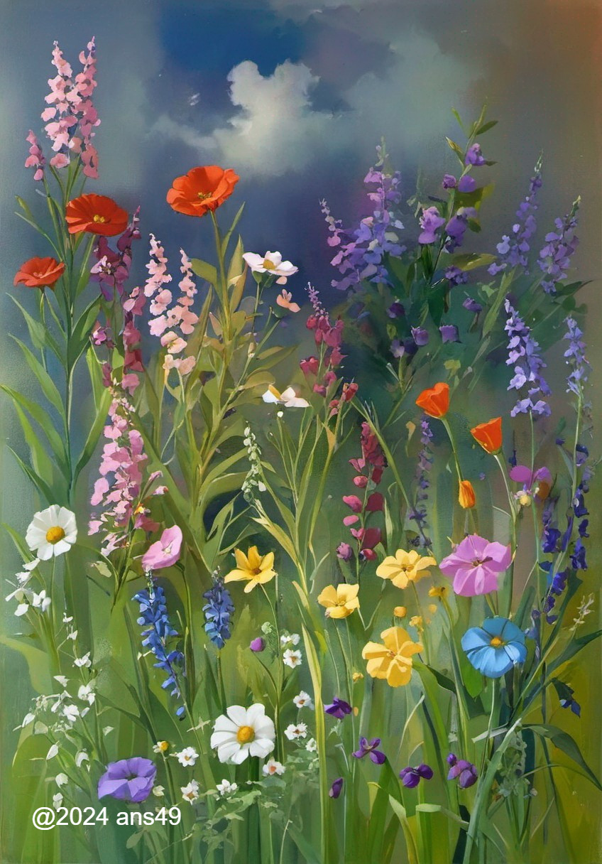 Colorful Wildflower Meadow Under Soft Sky