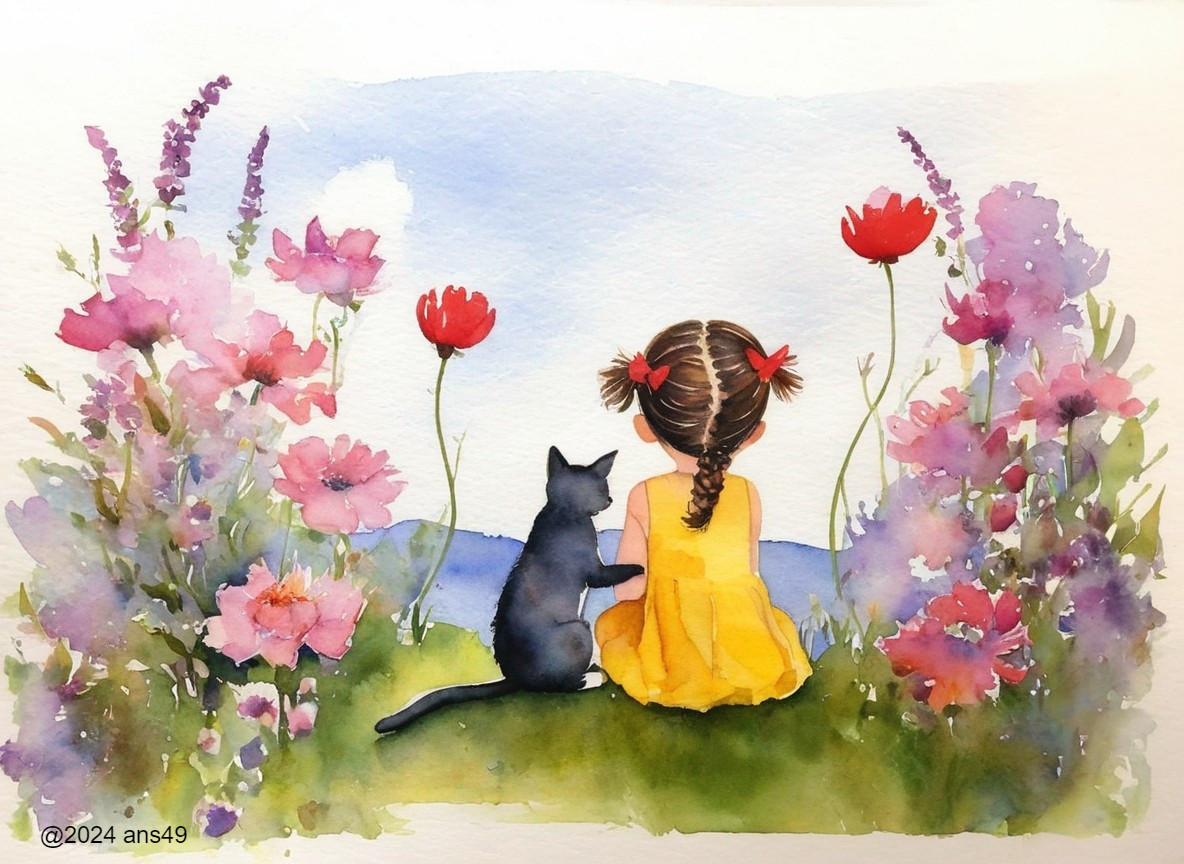 Young girl in yellow dress with black cat in nature