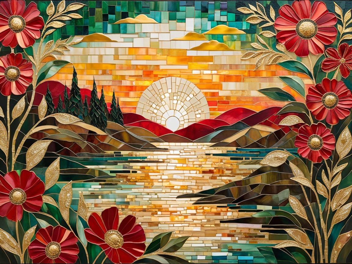 Mosaic Artwork of Sunset Over Tranquil Lake