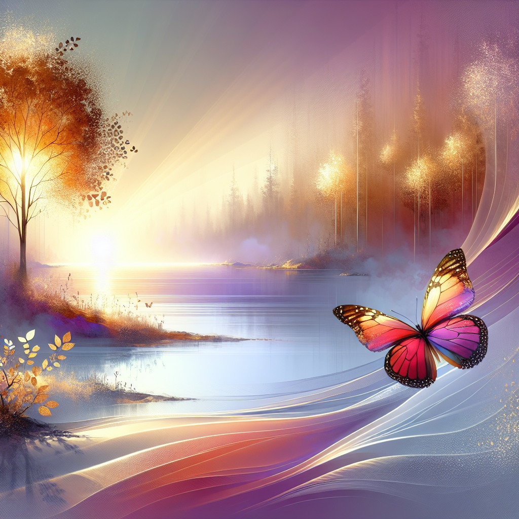 Serene Dawn Landscape with Tranquil River and Butterfly