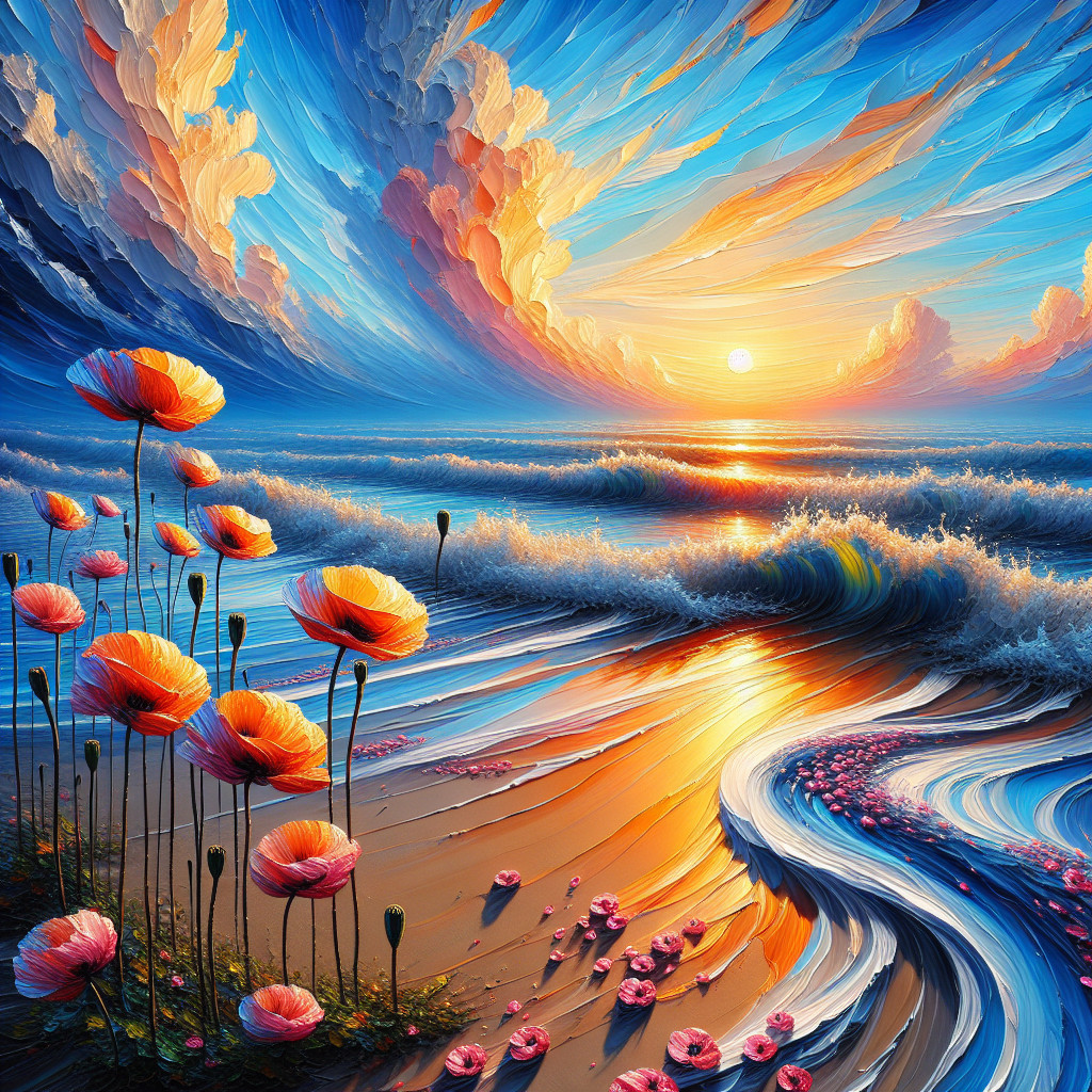 Vibrant Sunset Over Ocean with Flowers on Shore