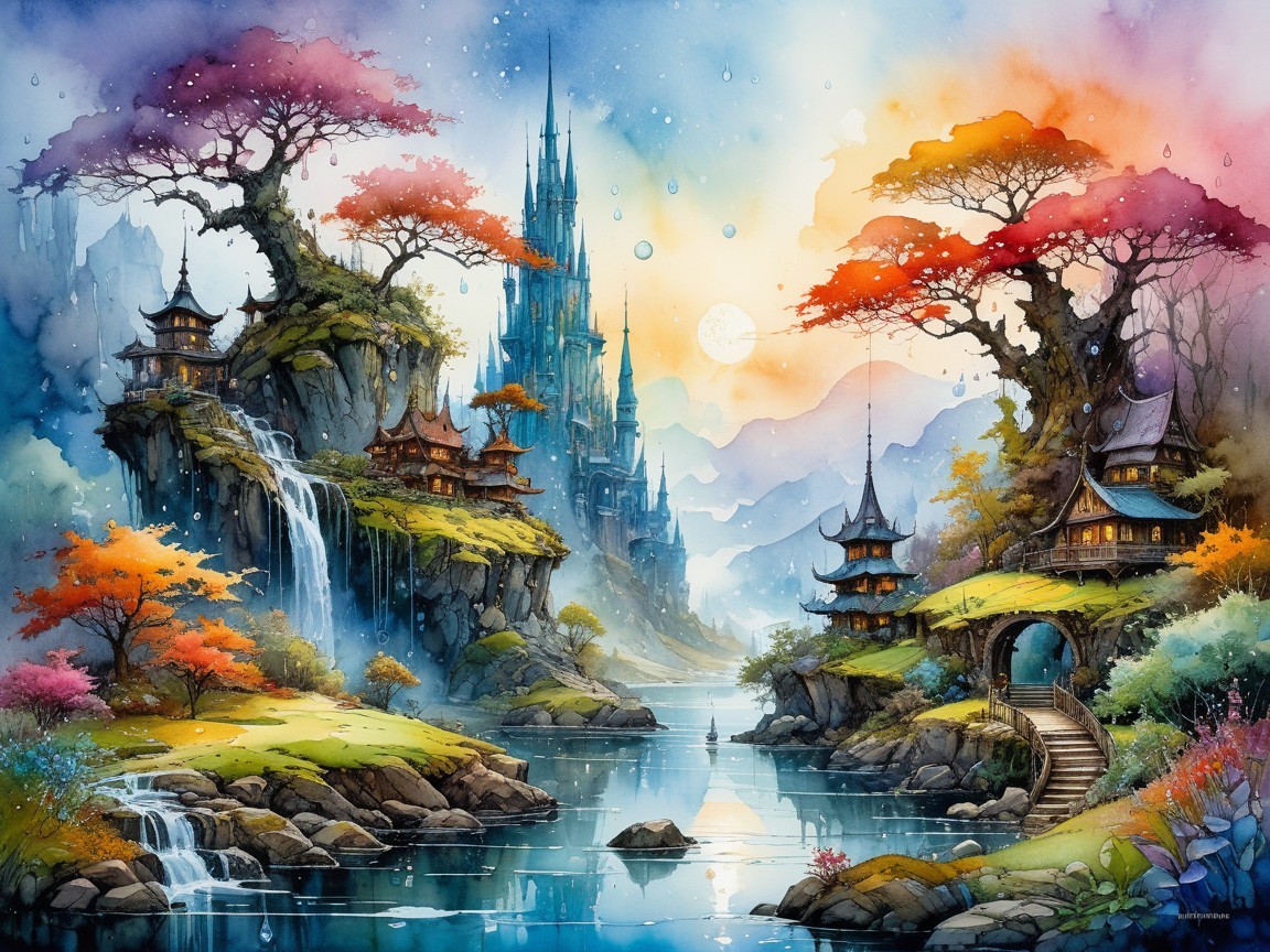 Tranquil Landscape with River, Waterfalls, and Castle