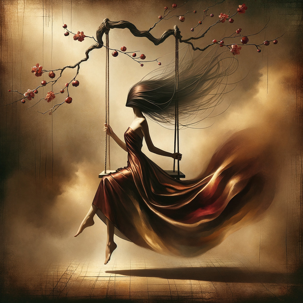 Serene figure swinging among cherry blossoms and clouds