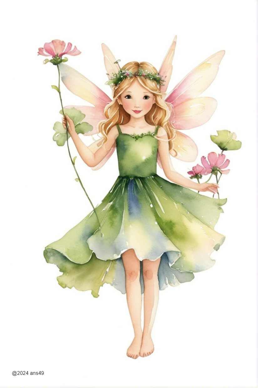 Fairy Girl in Leaf Dress with Delicate Wings