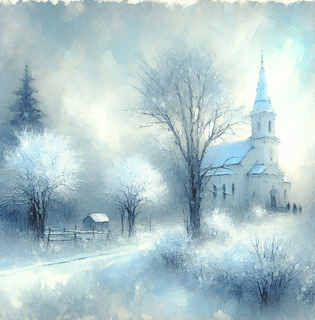 Serene Winter Landscape with Quaint Church and Trees