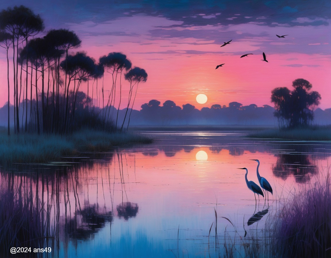 Tranquil Dawn Landscape with Serene Lake and Herons