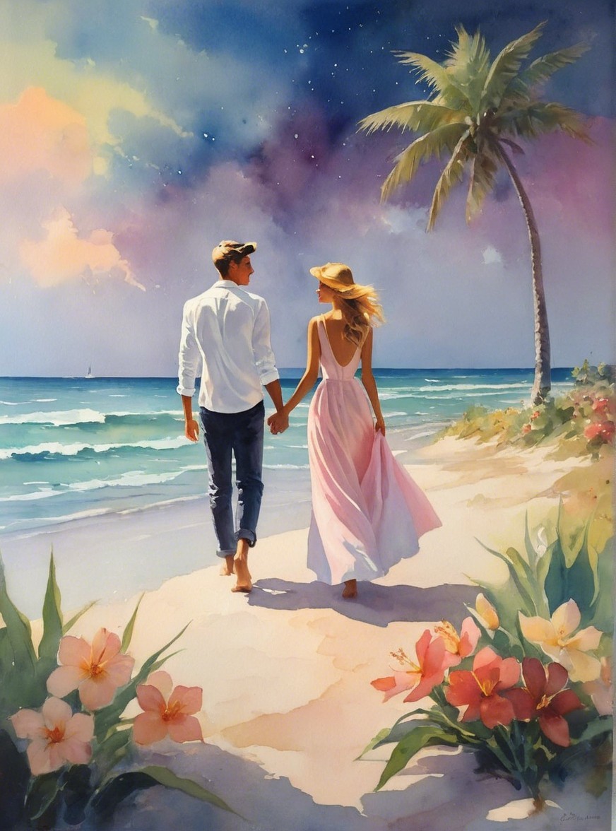 Couple Walking on Beach at Sunset with Flowers
