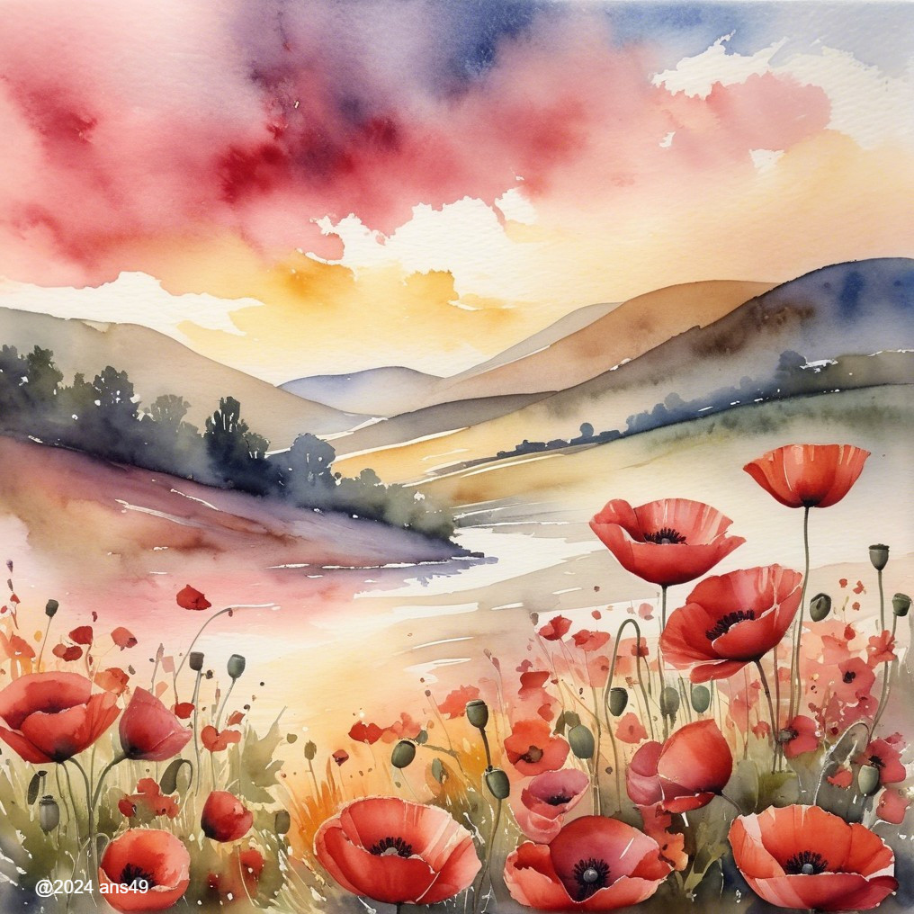 Vibrant Watercolor Landscape with Poppies and Sunset