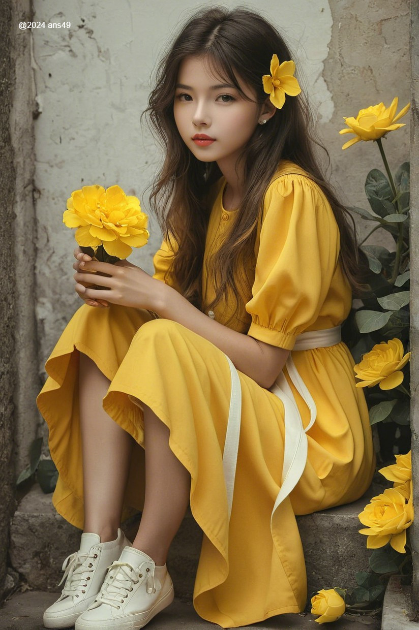 Young Woman in Yellow Dress Surrounded by Flowers