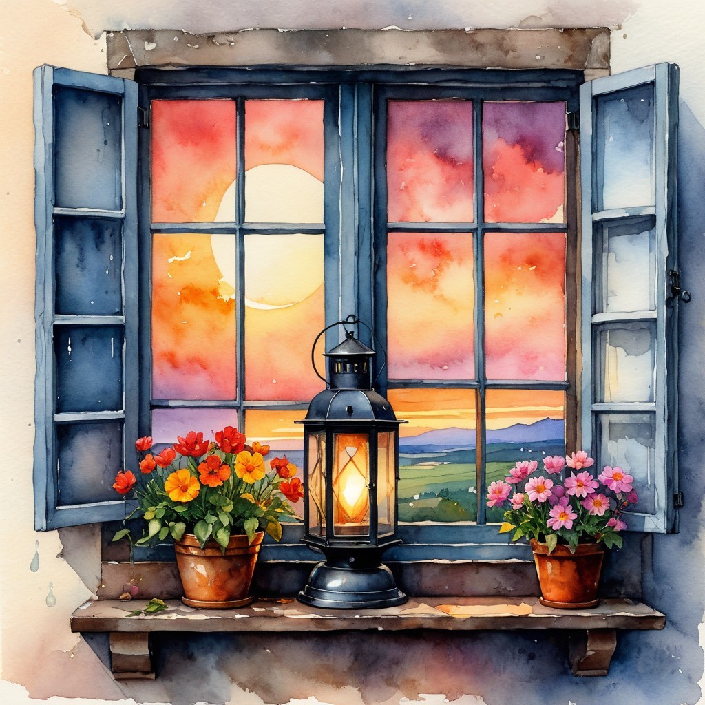 Vibrant Sunset Window Scene with Blooming Flowers
