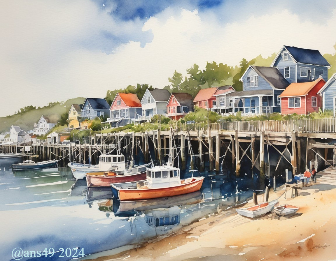 Vibrant stilted waterfront houses with boats and reflections on calm water