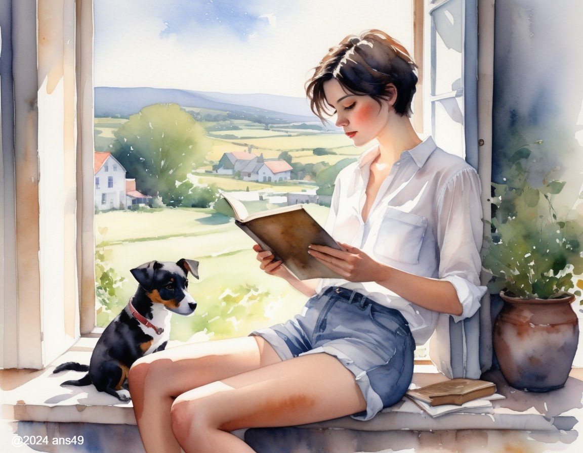 Young woman reading on a sunlit windowsill with dog