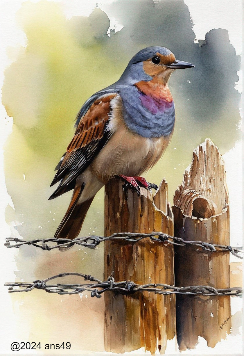 Watercolor Painting of Colorful Bird on Wooden Fence