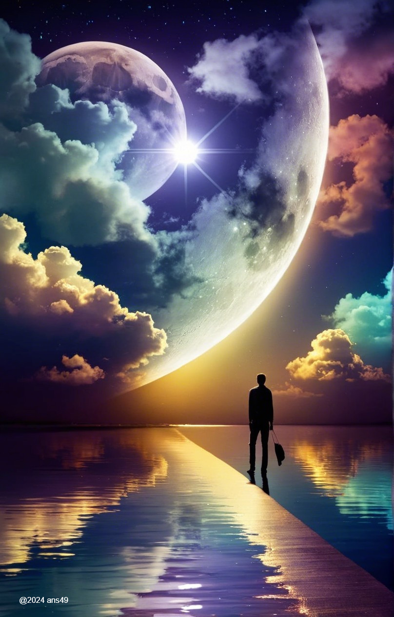 Solitary Figure on Reflective Surface Under Surreal Sky