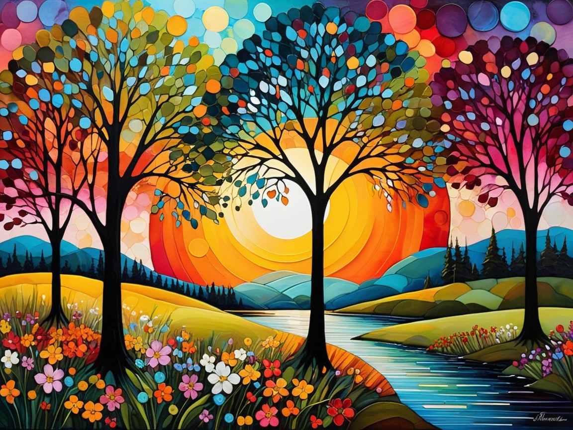 Vibrant Landscape with Colorful Trees at Sunset