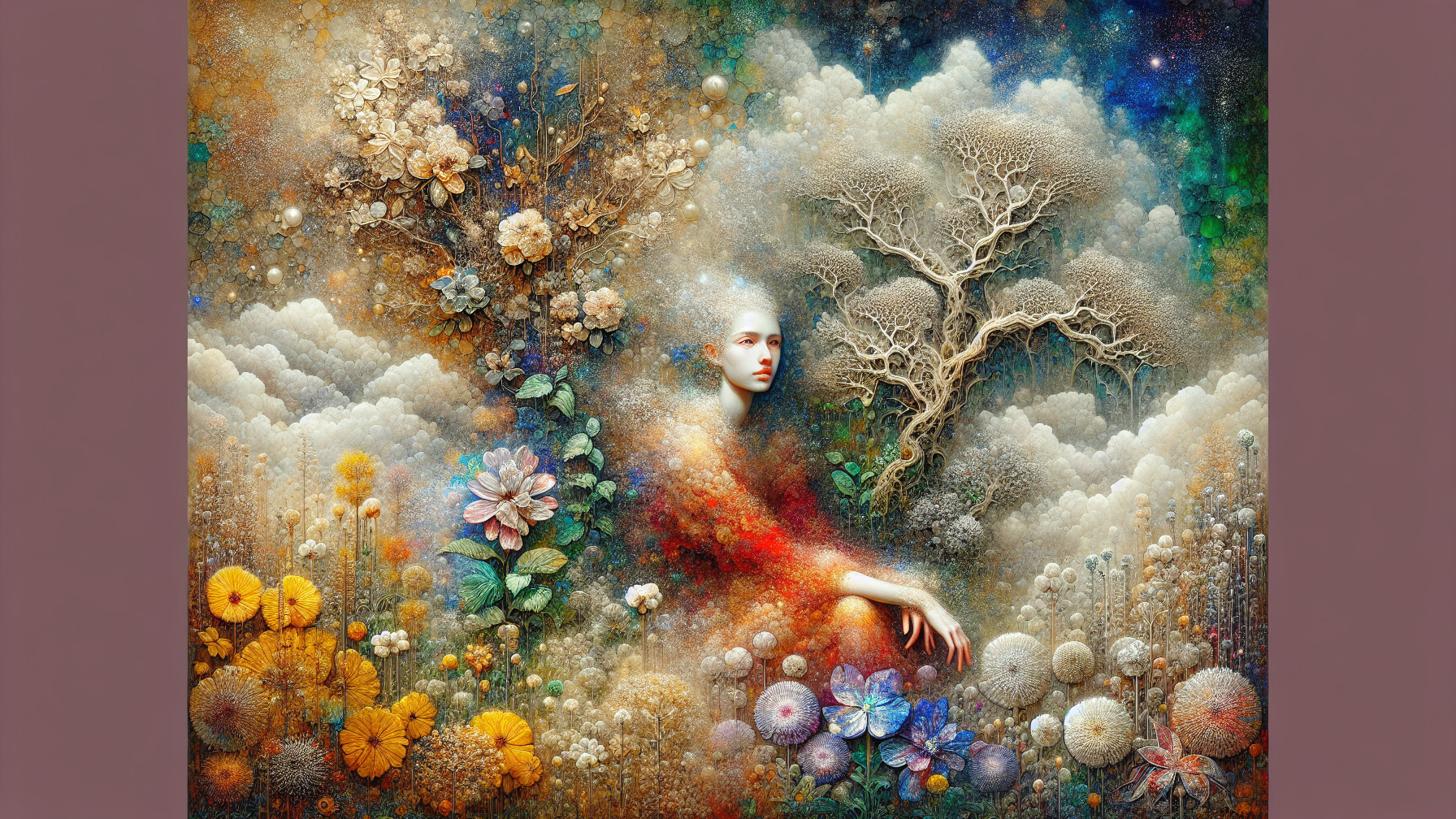 Surreal Scene of Vibrant Blossoms and Tree Forms