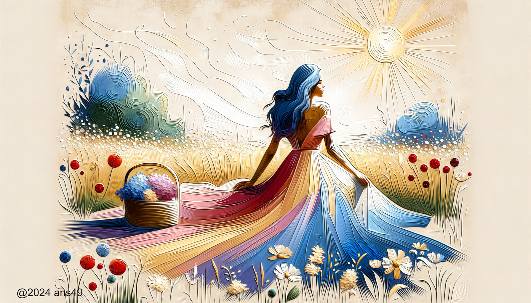 Woman in Colorful Dress Walking in Sunlit Field