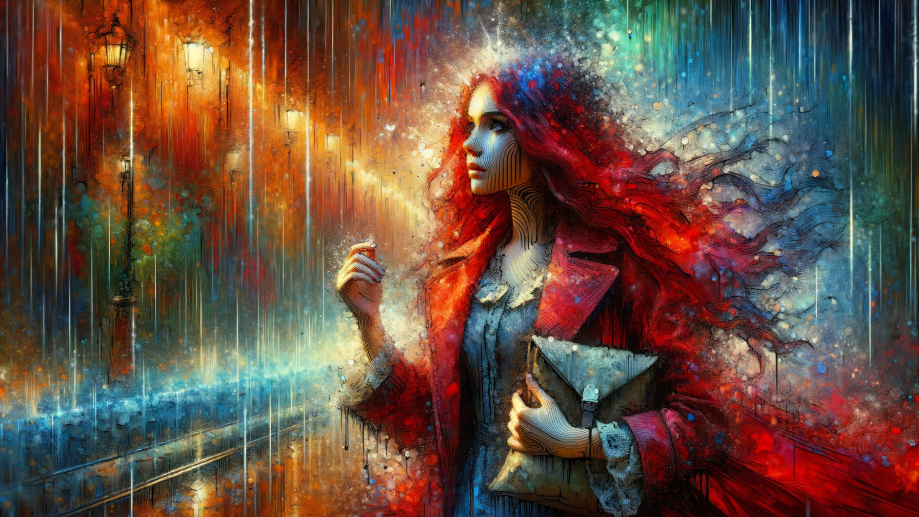 Woman with Red Hair in Colorful Rainy Street Scene