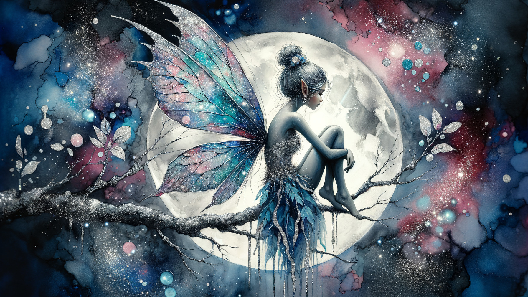 Whimsical Fairy Under Full Moon with Iridescent Wings