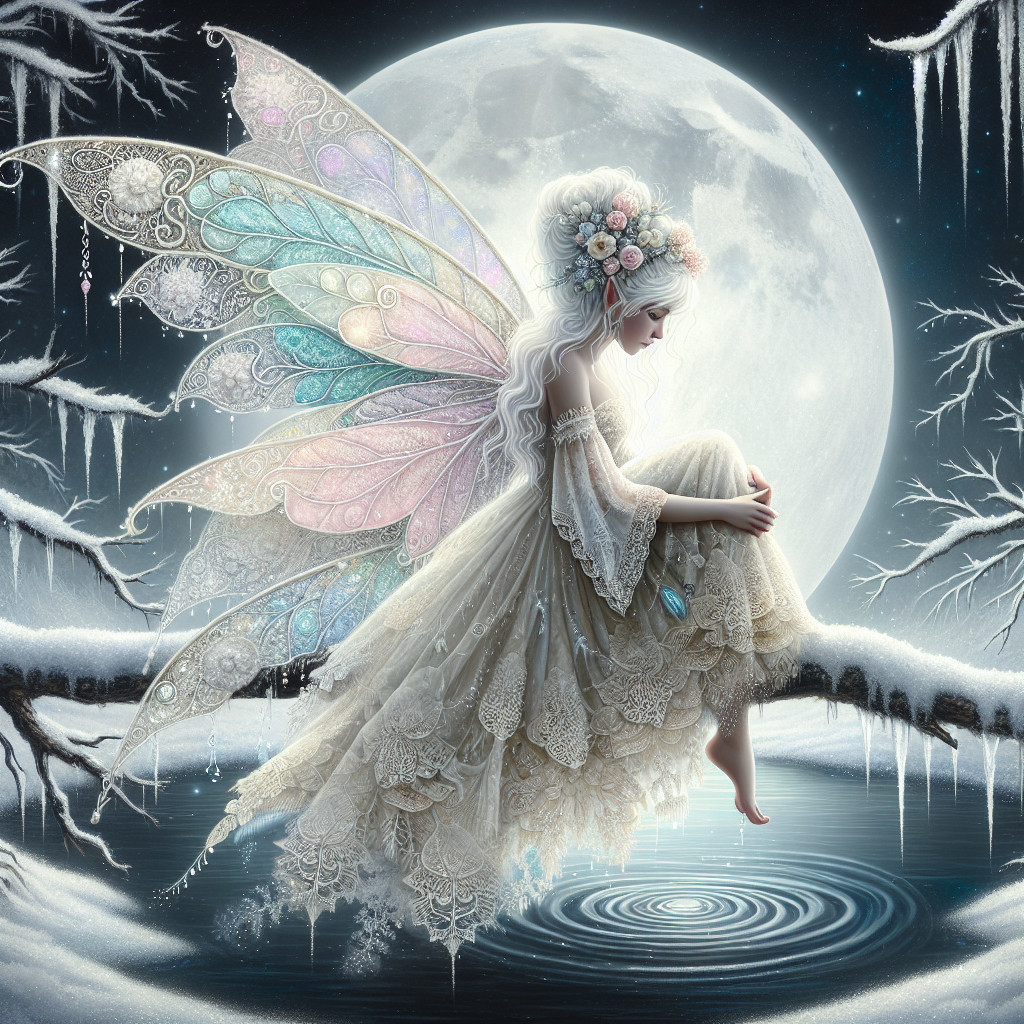 Fairy with Iridescent Wings in Winter Landscape