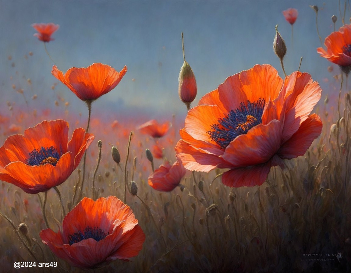 Vibrant Field of Poppies with Red Petals and Buds
