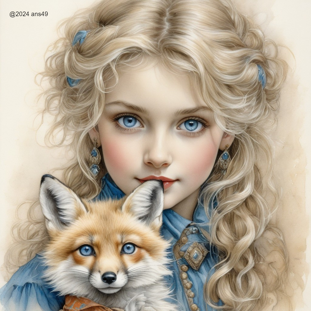 Young girl in blue dress with a fox companion