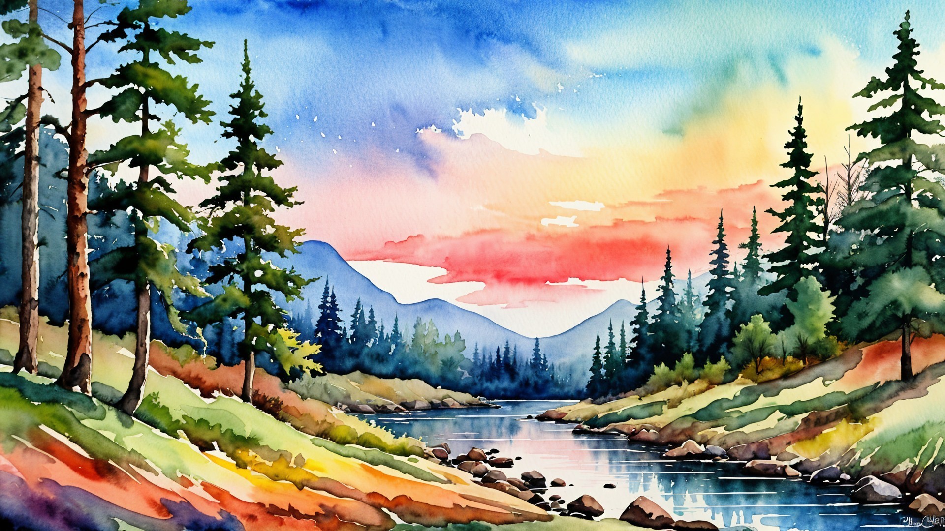 Vibrant Watercolor Landscape of a Tranquil River