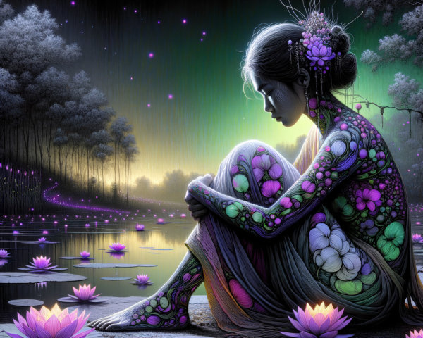 Serene figure by tranquil pond with water lilies
