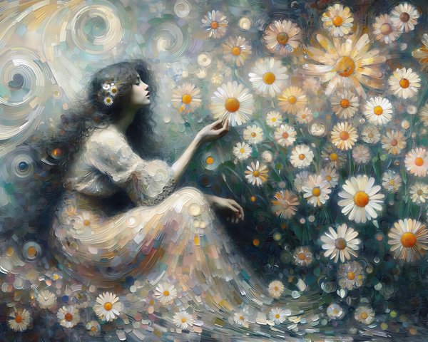 Impressionistic Oil Painting of Woman Among Daisies