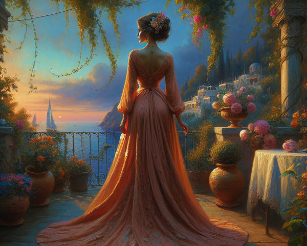 Woman in Elegant Gown on Balcony at Sunset Seascape