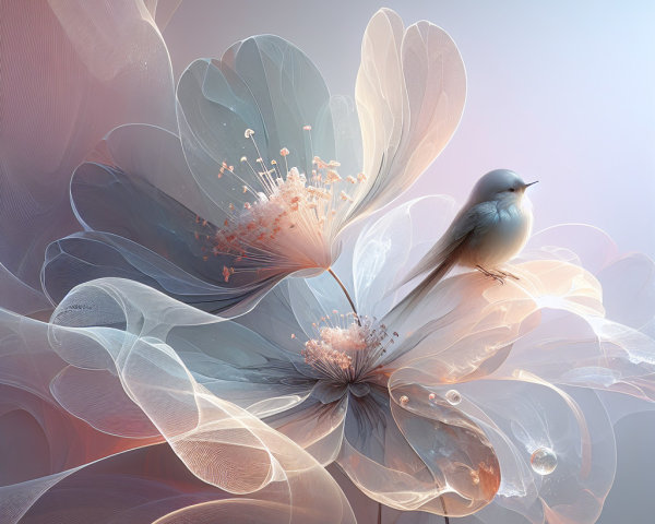 Ethereal illustration of a light blue bird on a flower