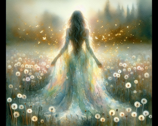Serene figure in iridescent gown among dandelions